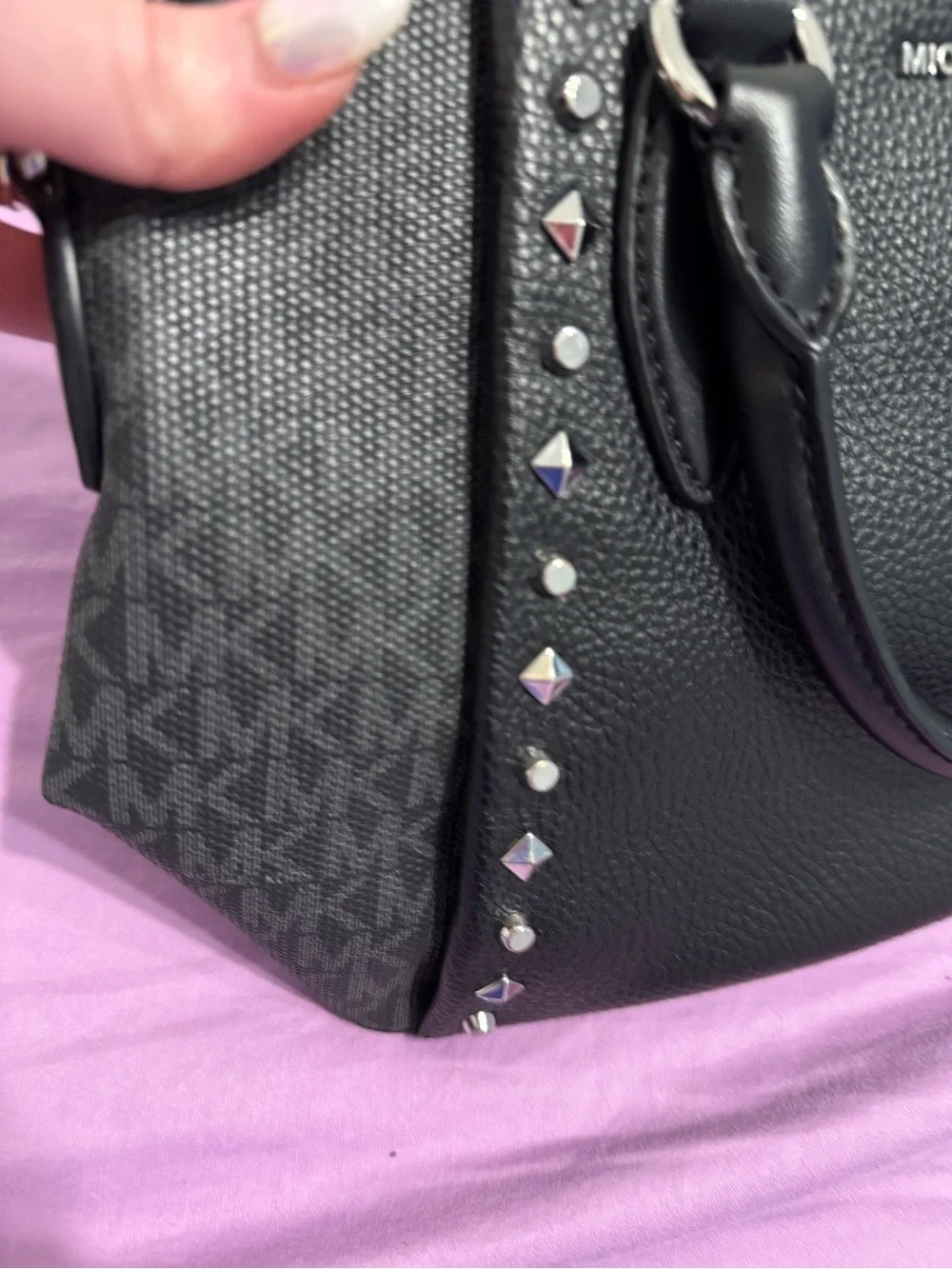 Michael Kors Black Studded Leather Satchel with Silver Hardware
